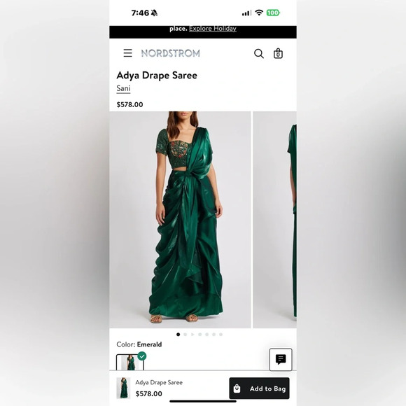 Sani Adya Drape Saree - Emerald size XS retail $598.00 new Indian Wedding Lengha - Picture 4 of 8